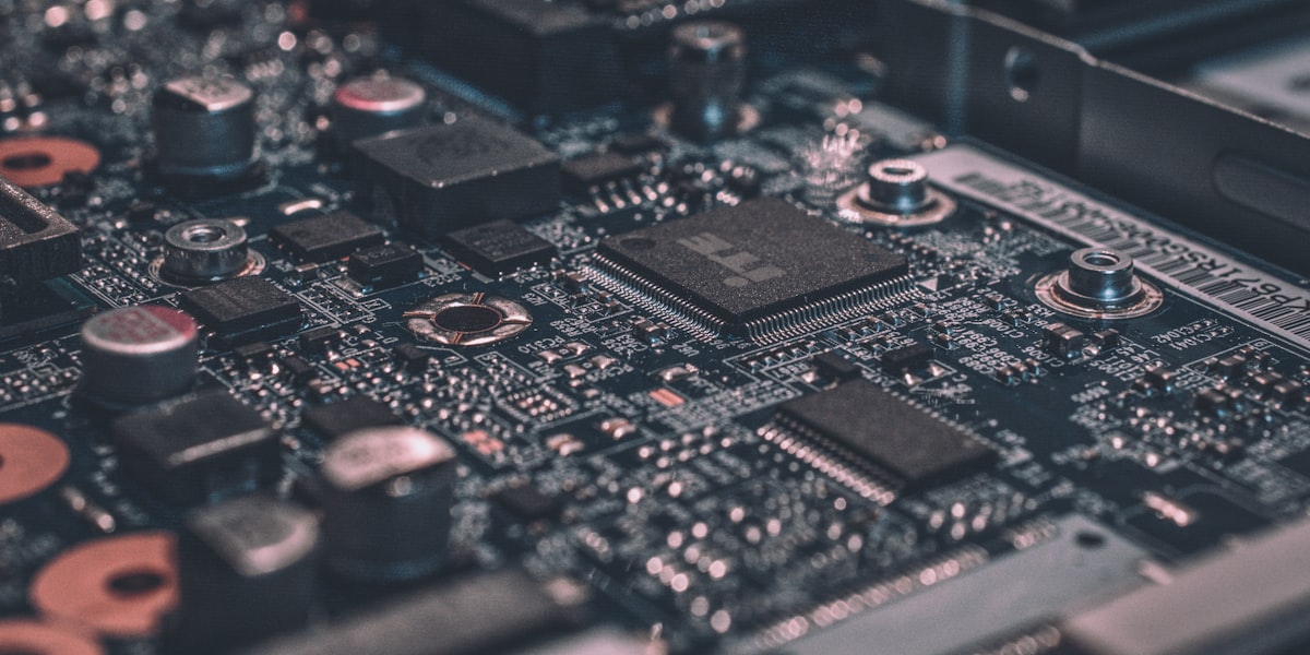 Close-up of a circuit board and microchips